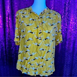 Anthropologie Yellow with Swimming Girls Blouse, Size Large